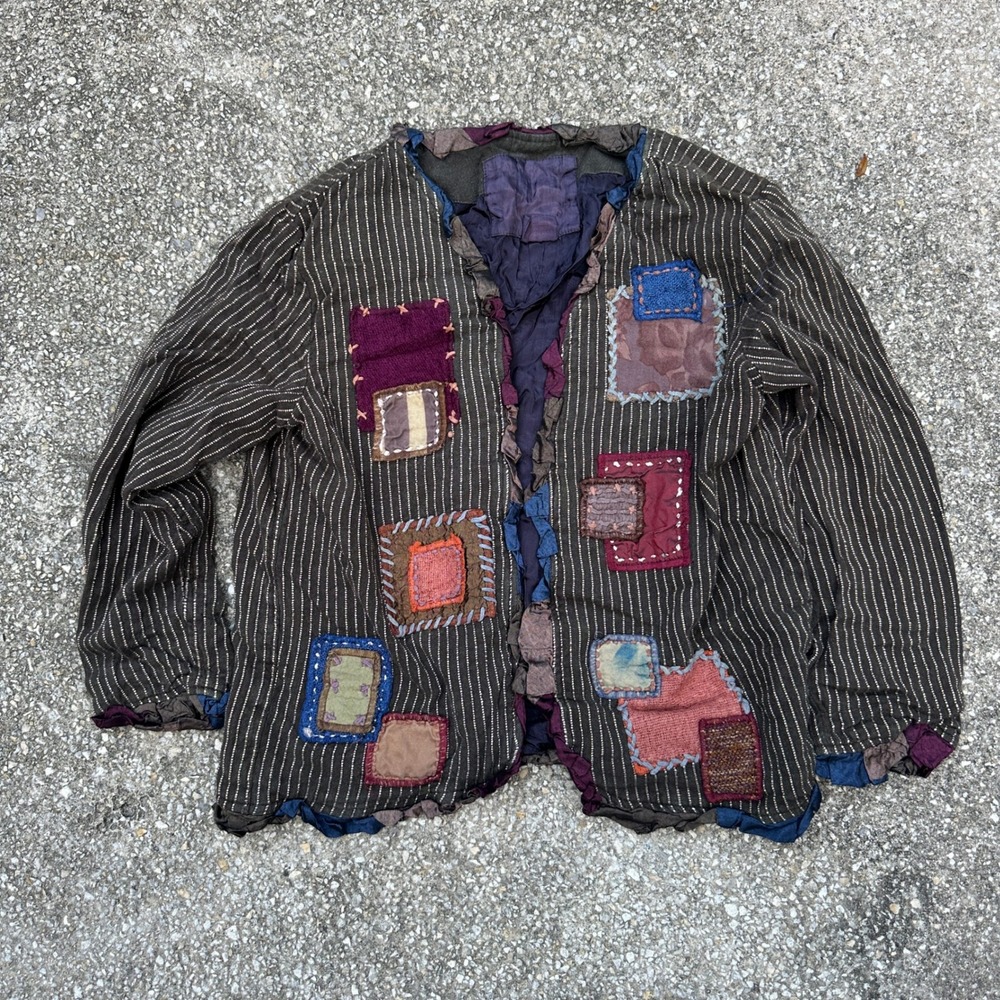 Vtg Artisan Patchwork Jacket Sashiko Pinstripe Open Front Ruffle Trim Lined S